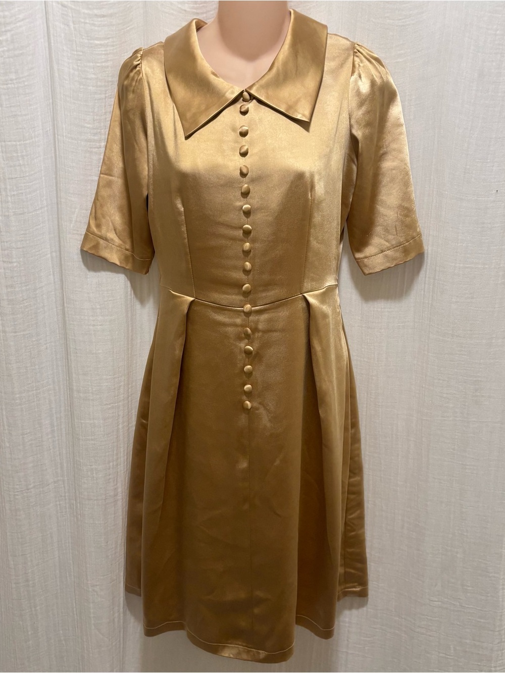 Vintage Mid-Century Gold Satin Shirtwaist Dress / Tailored Box Pleat A-Line XS